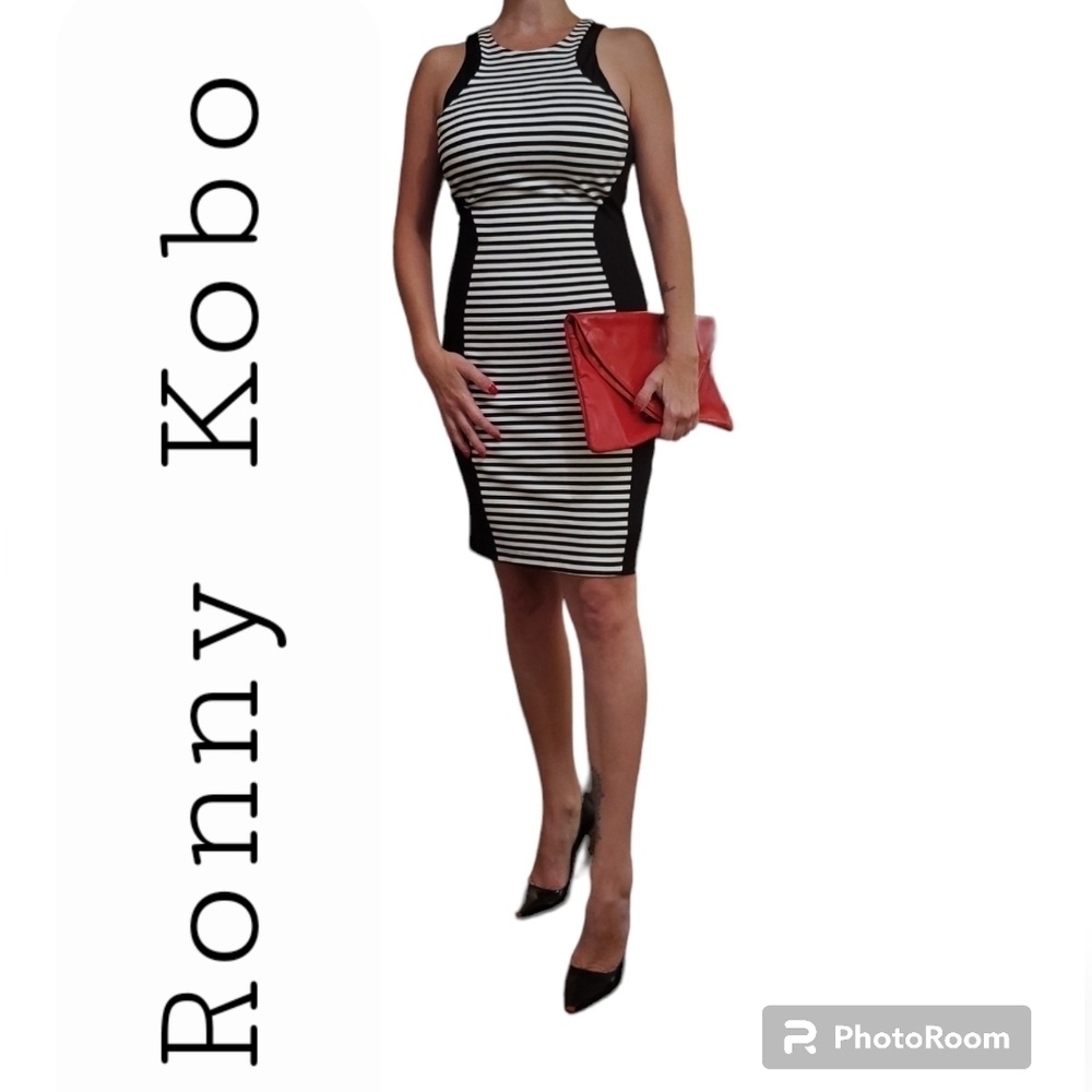 DESIGNER TORN by Ronny Kobo black & white stripe bodycon illusion dress Size S